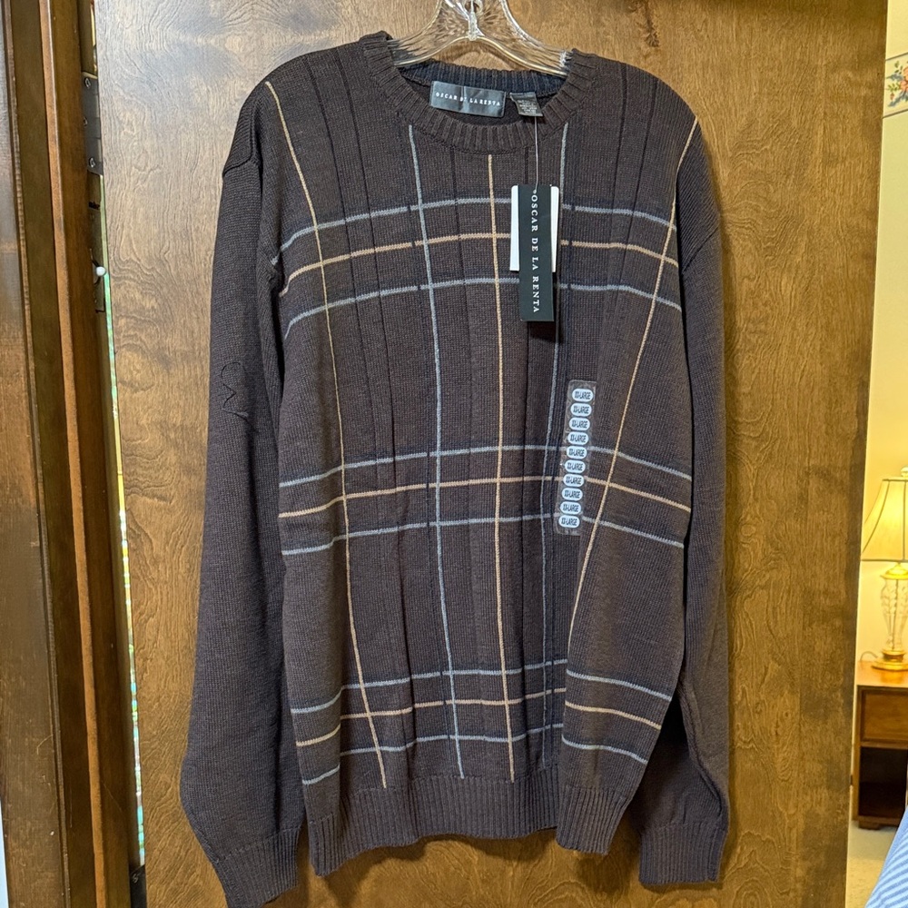 Oscar de la Renta Brown Plaid Crewneck Sweater